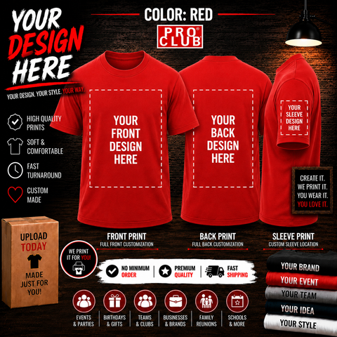 Men’s Big & Tall Custom Printed Red Tee Shirt – Upload or Email Your Artwork