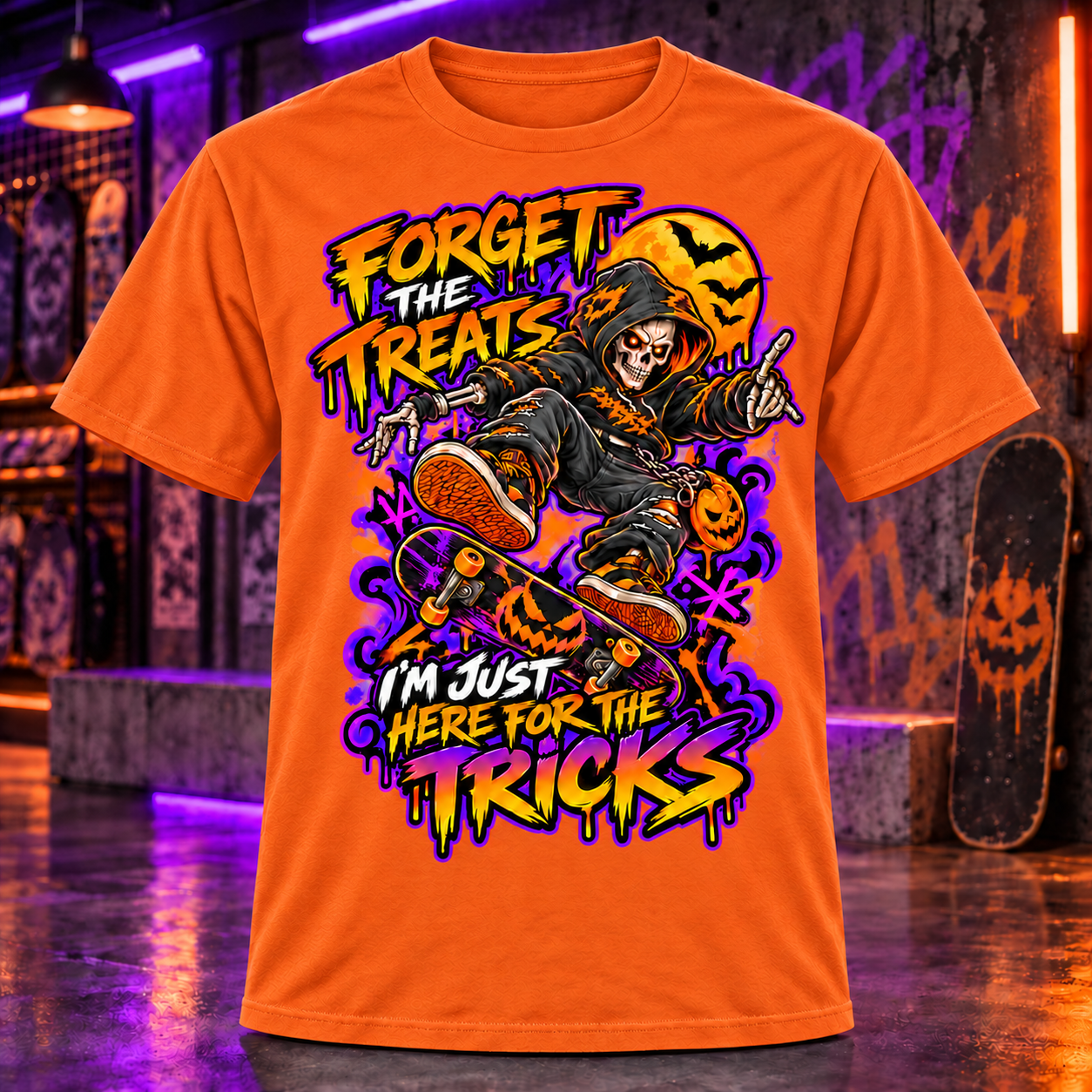Forget The Treats Halloween Skeleton Skateboarder T-Shirt Streetwear S-10XL