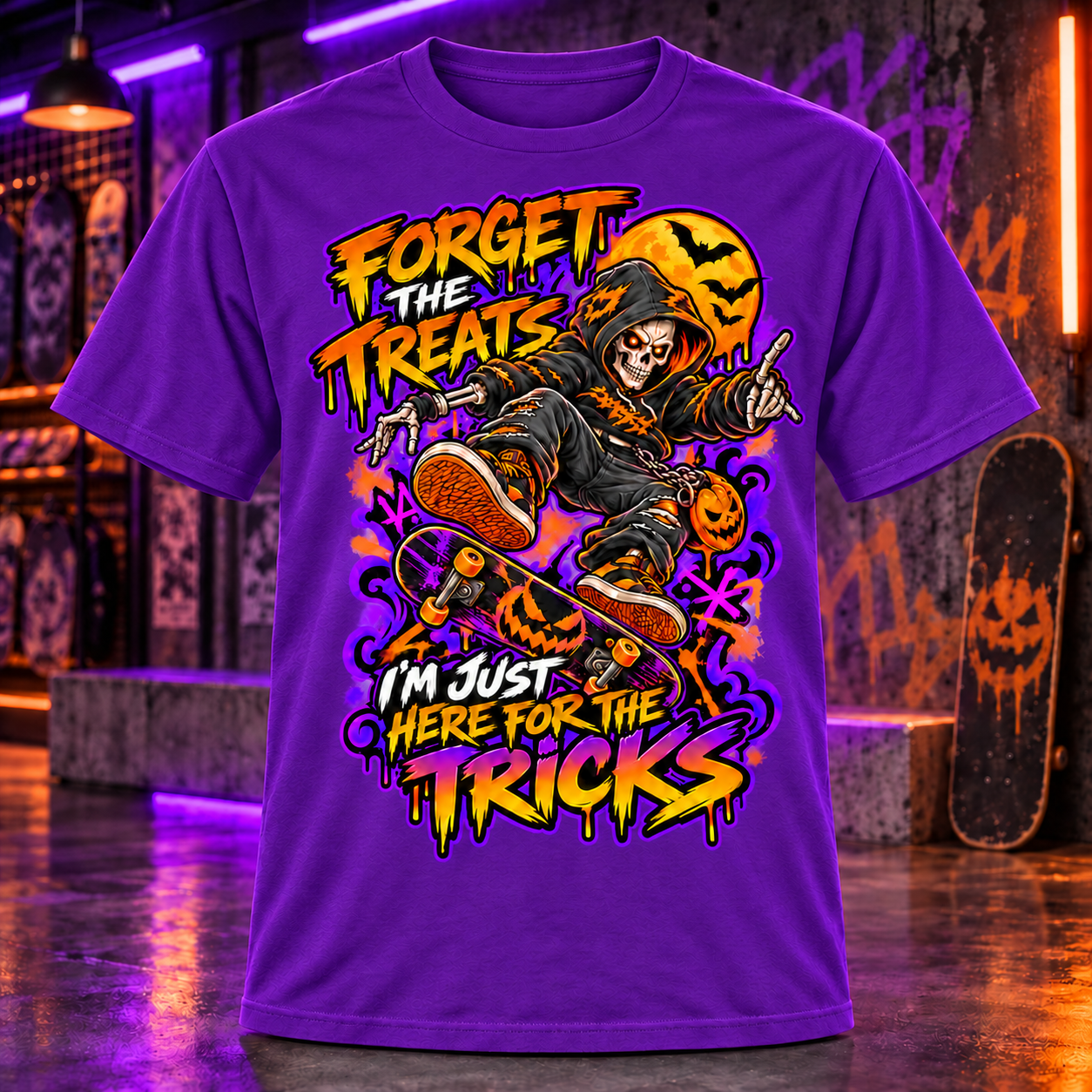 Forget The Treats Halloween Skeleton Skateboarder T-Shirt Streetwear S-10XL