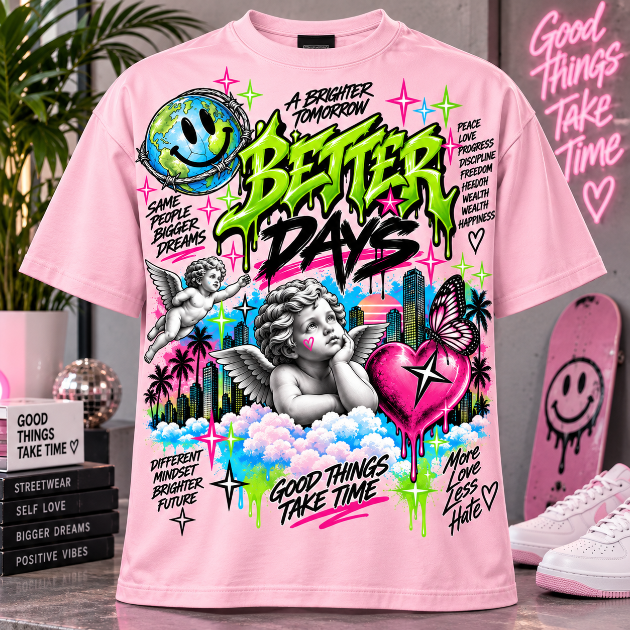Better Days T-Shirt Angel Cherub Heart Positive Vibes Y2K Urban Streetwear Graph