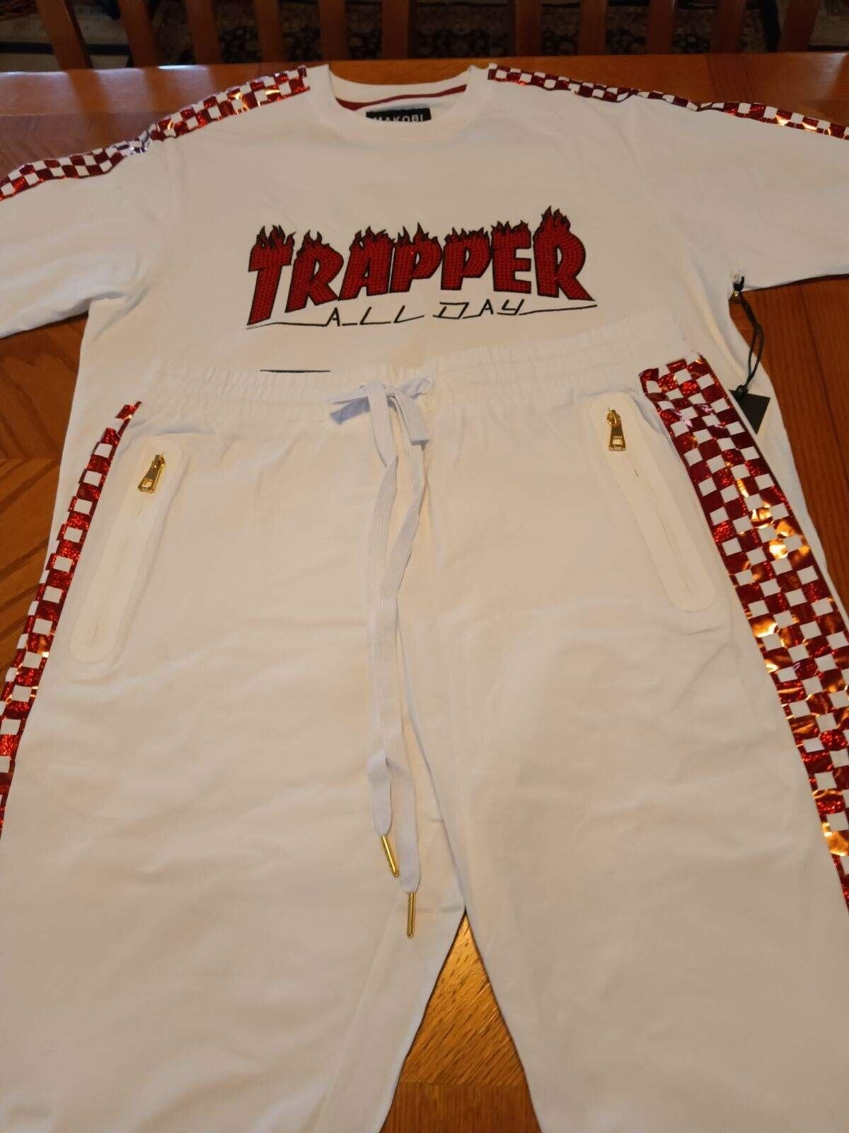MAKOBI Trappers White & Racing Foil Hip Hop STREET Wear Party SHORT SET Size 2XL