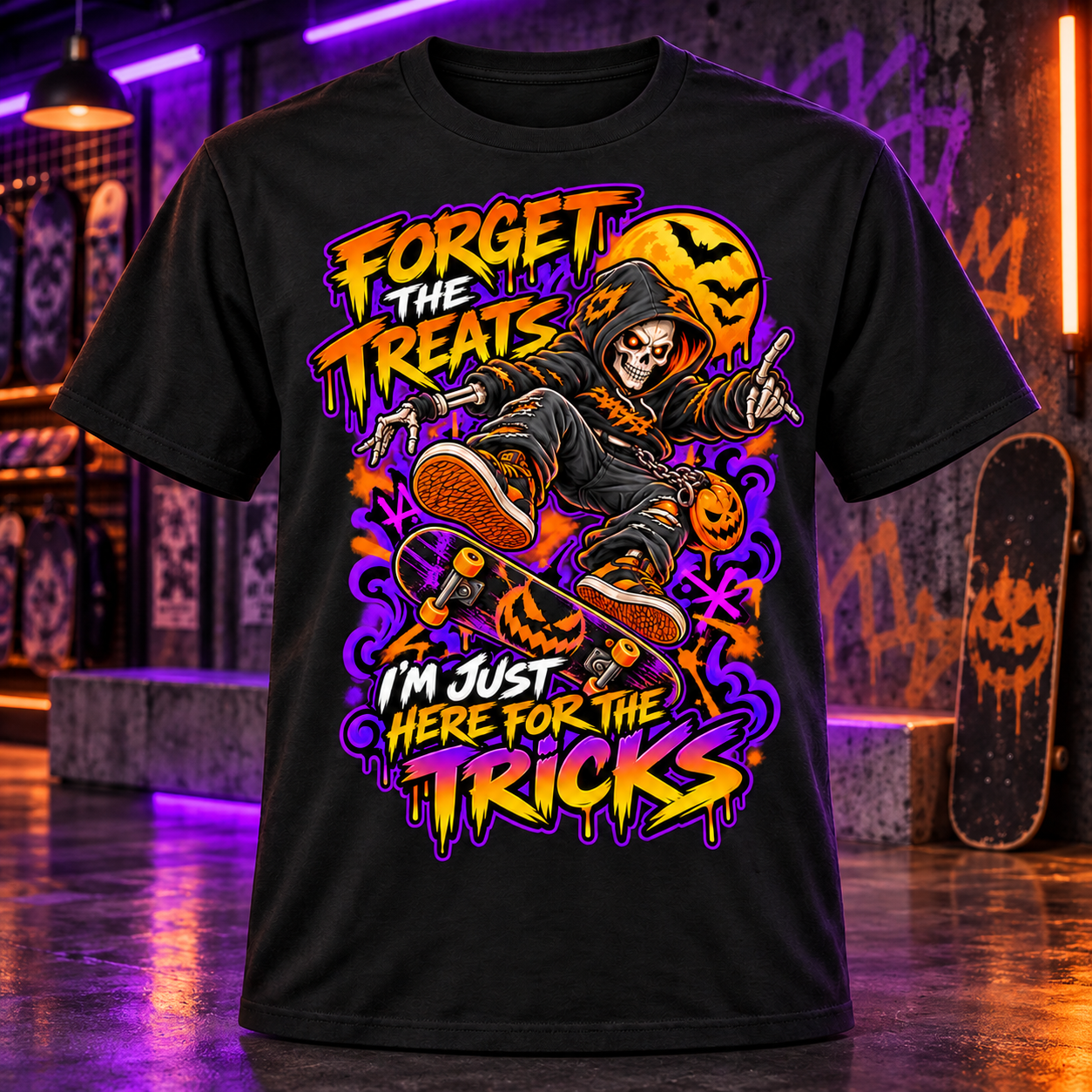 Forget The Treats Halloween Skeleton Skateboarder T-Shirt Streetwear S-10XL