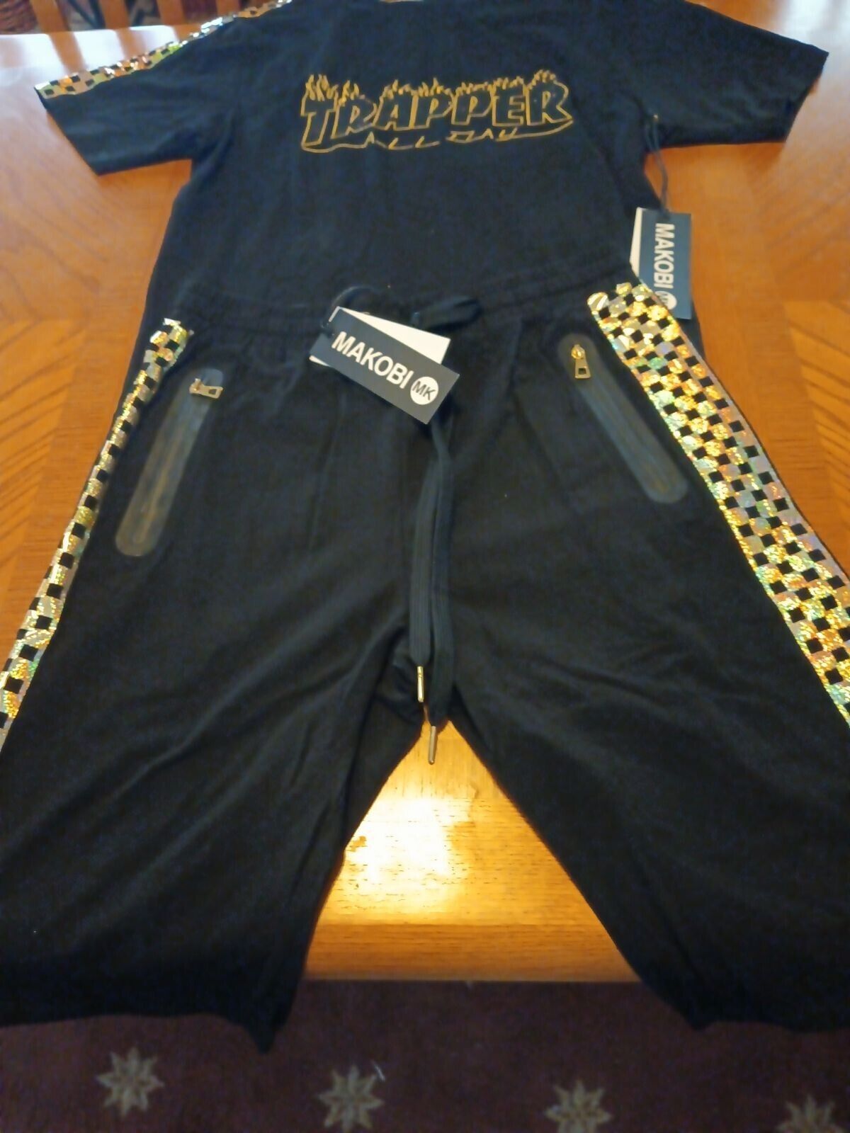MAKOBI Trappers Black & Gold Foil Hip Hop STREET Wear Party SHORT SET Size 2XL