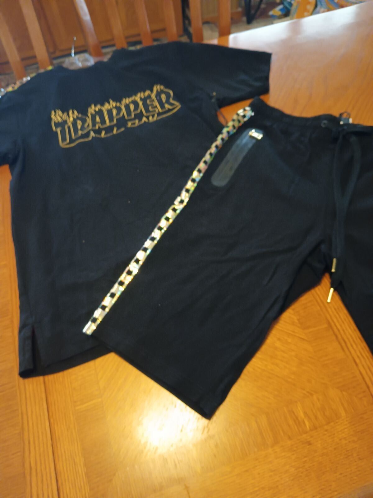 MAKOBI Trappers Black & Gold Foil Hip Hop STREET Wear Party SHORT SET Size Large
