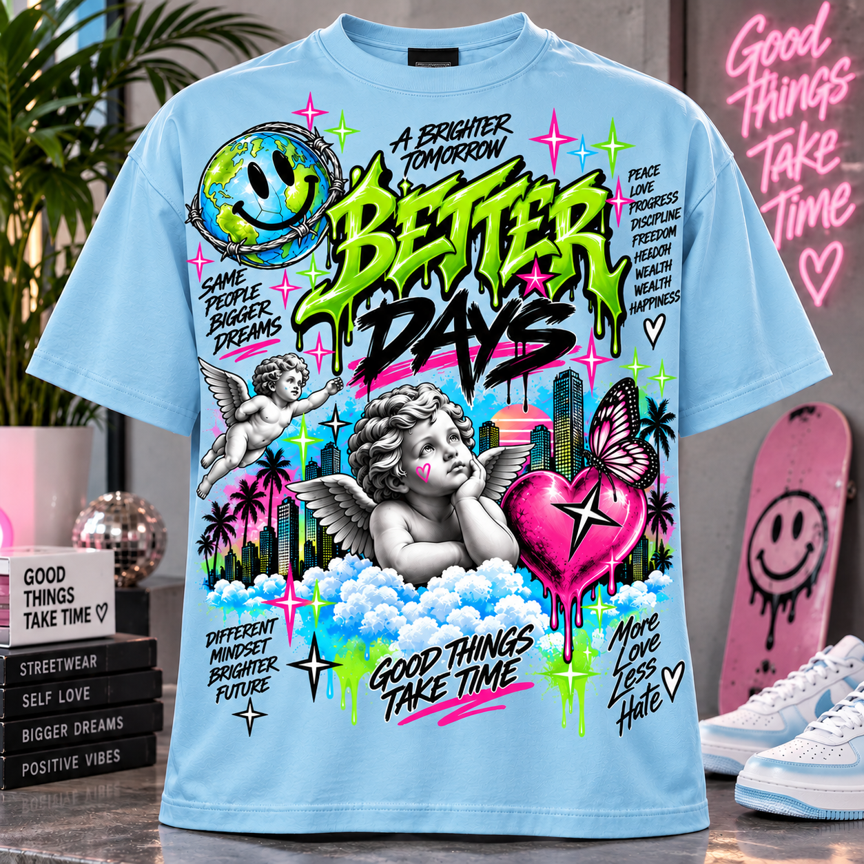Better Days T-Shirt Angel Cherub Heart Positive Vibes Y2K Urban Streetwear Graph