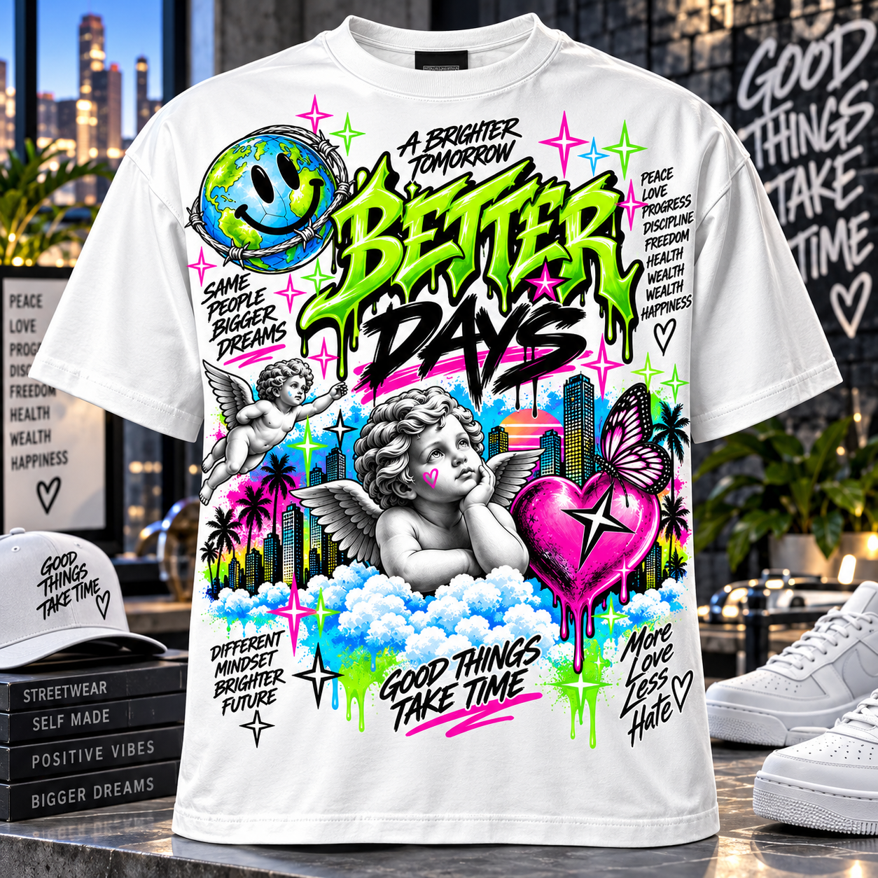 Better Days T-Shirt Angel Cherub Heart Positive Vibes Y2K Urban Streetwear Graph