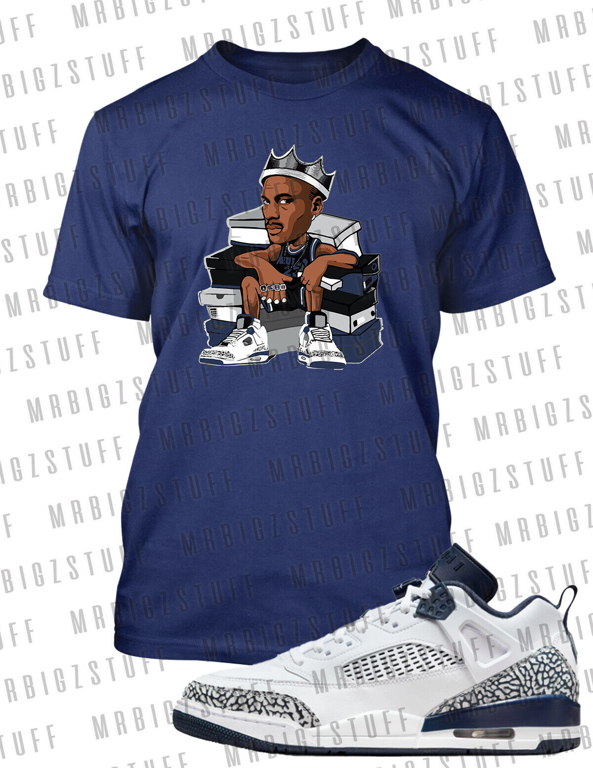 King J Sitting on Sneaker Boxes Big & Tall Graphic Tee to Match Obsidian Spizike