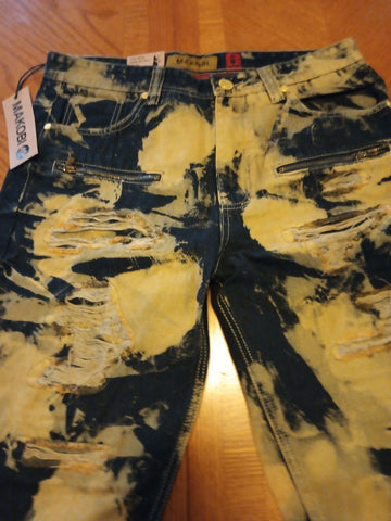 Men's Casual Denim Short Blue Ripped  By Makobi   7-POCKET Hip Hop Street Wear