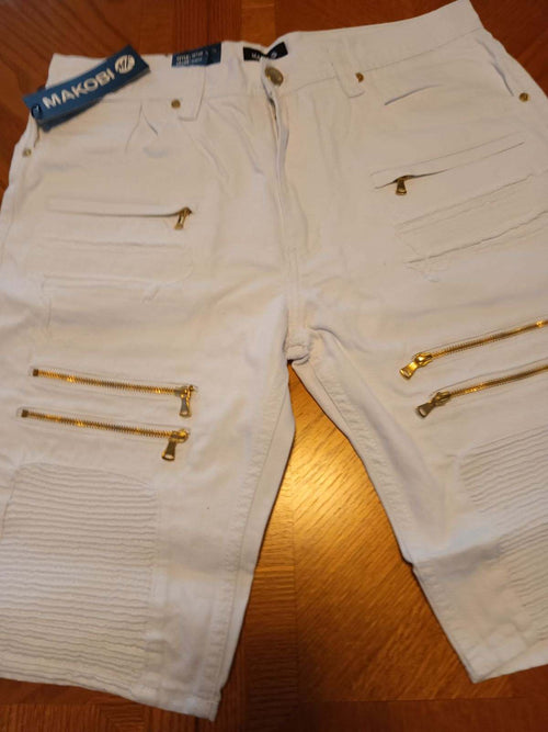 Men's Casual Denim Short White Ripped  By Makobi   7-POCKET Hip Hop Street Wear