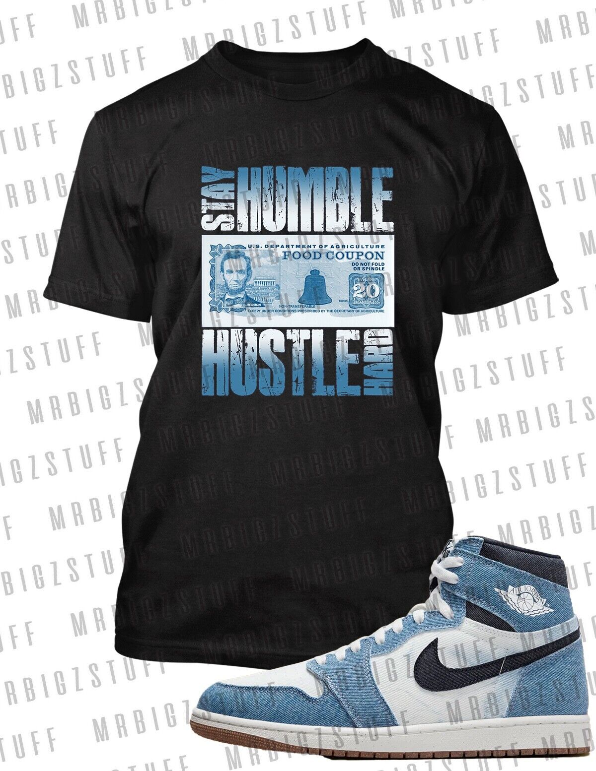 Tee Shirt To Match J1 Retro High Bleached Denim Sneaker Greystone Big & Tall 8XL