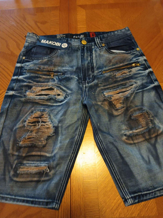 Men's Casual Denim Short Blue Ripped  By Makobi   7-POCKET Hip Hop Street Wear
