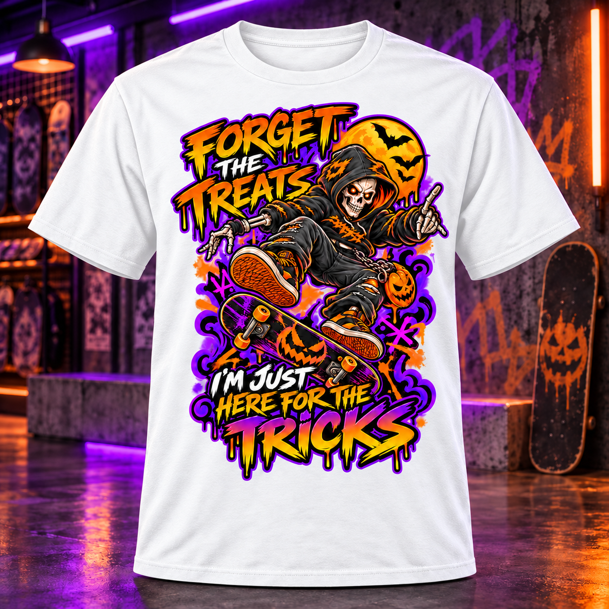 Forget The Treats Halloween Skeleton Skateboarder T-Shirt Streetwear S-10XL