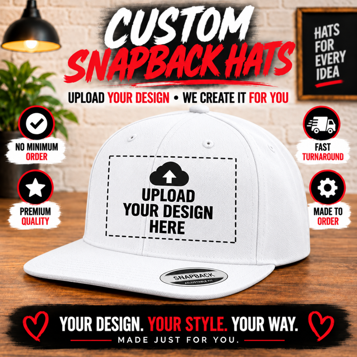 Custom Snapback White Hat – Personalized Cap with Your Logo, Design or Text DTF Printing (Copy) (Copy)