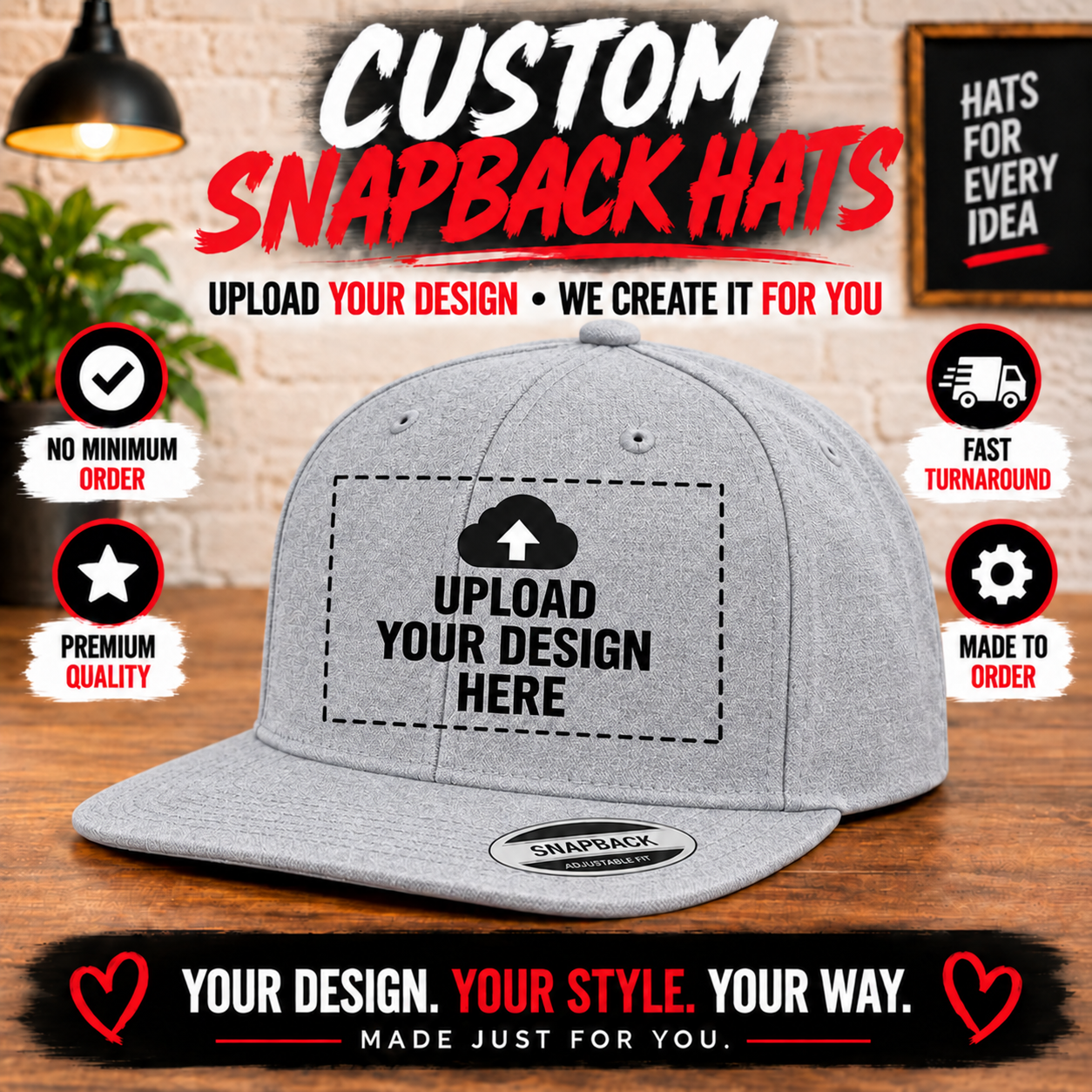 Custom Snapback Gray Hat – Personalized Cap with Your Logo, Design or Text DTF Printing