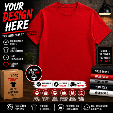 Men’s Big & Tall Custom Printed Red Tee Shirt – Upload or Email Your Artwork
