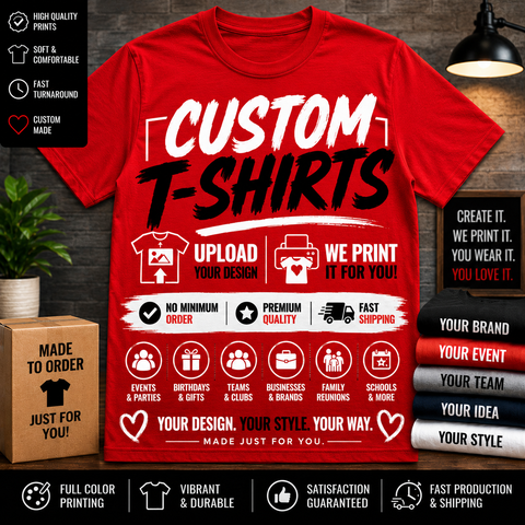 Men’s Big & Tall Custom Printed Red Tee Shirt – Upload or Email Your Artwork