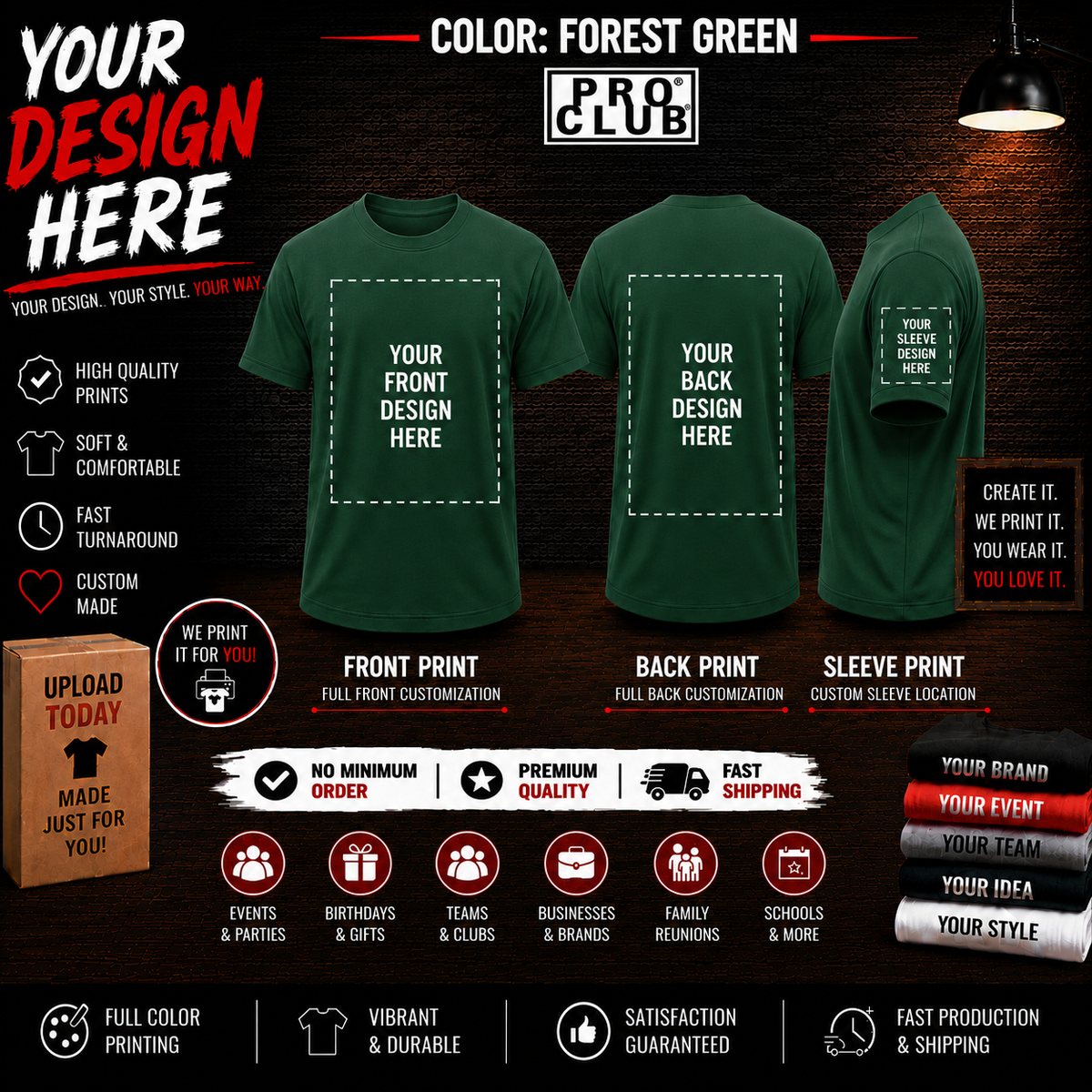 Men’s Big & Tall Custom Printed Foerest Green Tee Shirt – Upload or Email Your Artwork