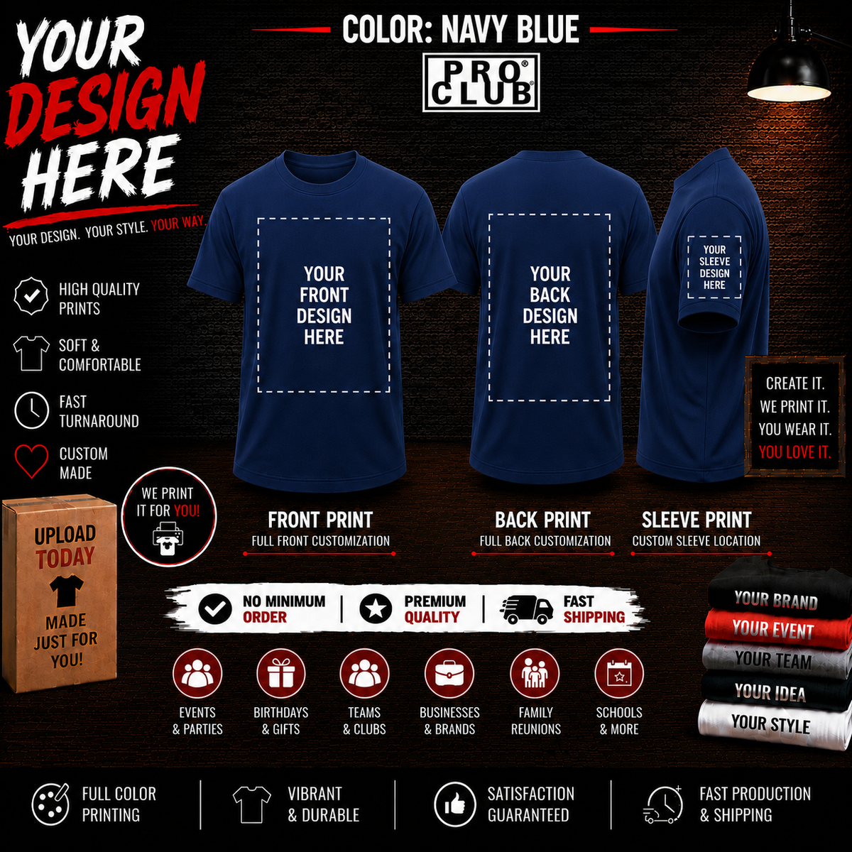 Men’s Big & Tall Custom Printed Navy Tee Shirt – Upload or Email Your Artwork