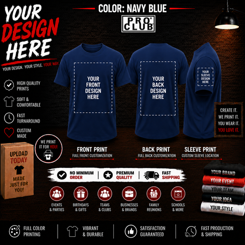 Men’s Big & Tall Custom Printed Navy Tee Shirt – Upload or Email Your Artwork