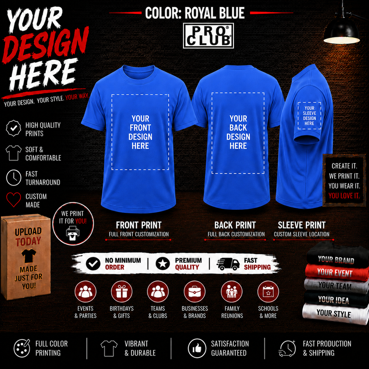 Men’s Big & Tall Custom Printed Royal Blue Tee Shirt – Upload or Email Your Artwork