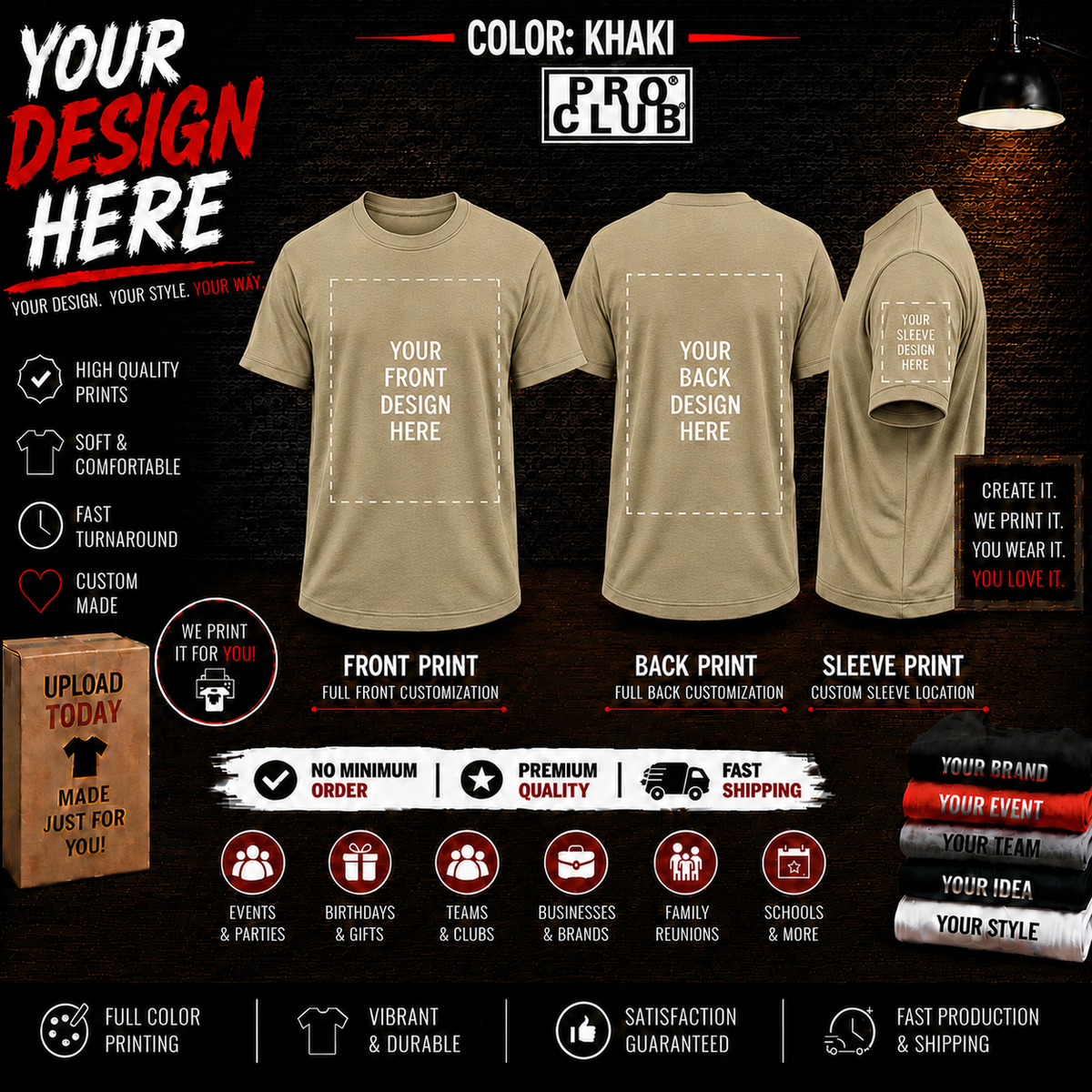 Men’s Big & Tall Custom Printed Khaki Tee Shirt – Upload or Email Your Artwork
