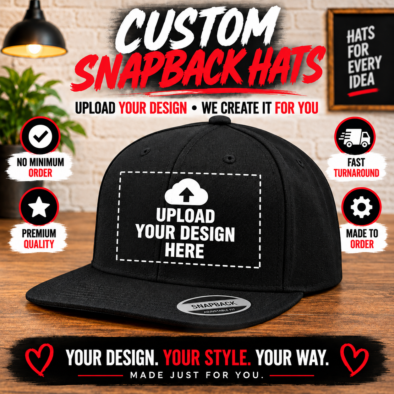 Custom Snapback Black Hat – Personalized Cap with Your Logo, Design or Text DTF Printing
